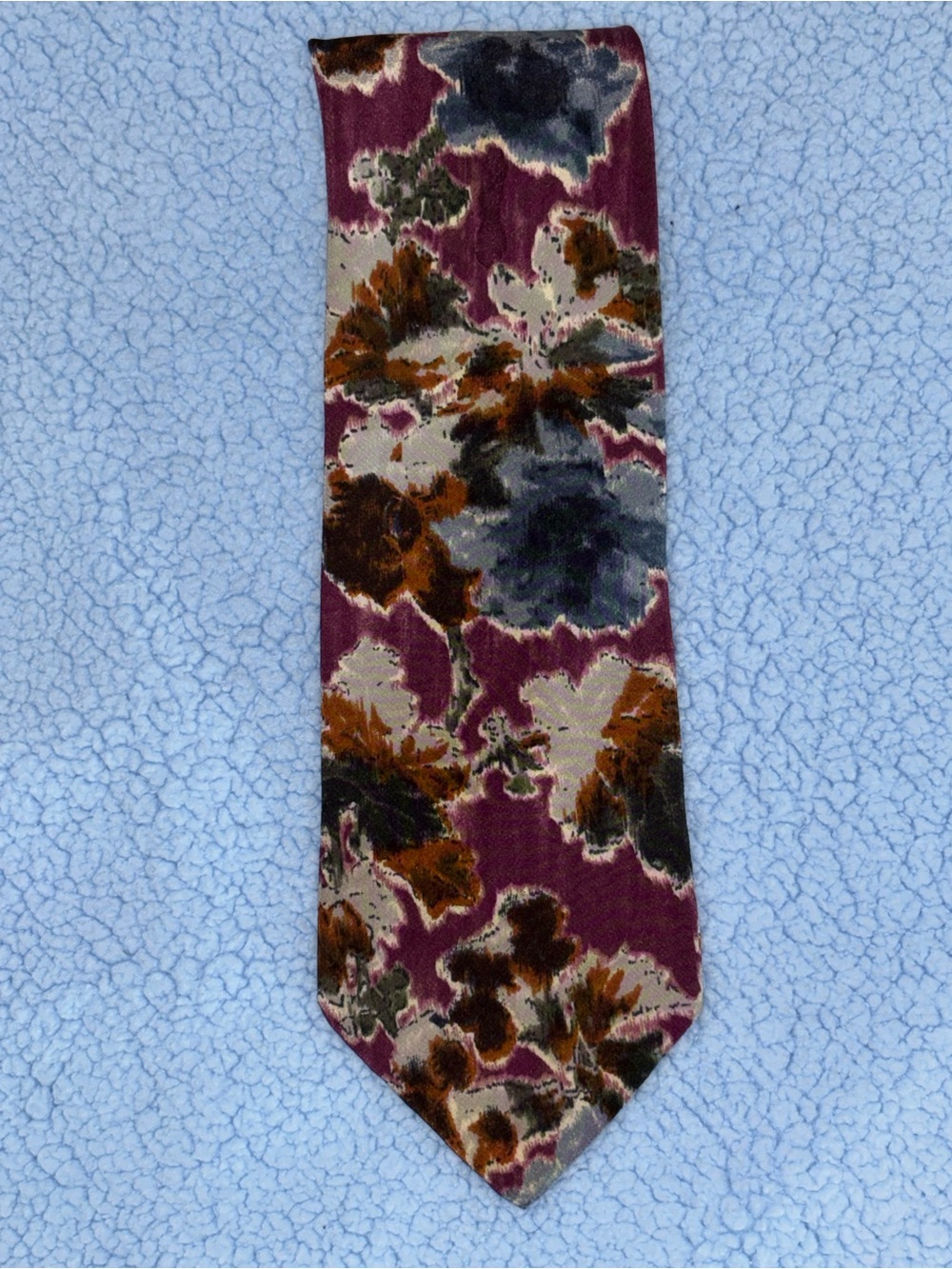 Valentino Cravatte Plum Floral Silk Tie with Brown, Gray and Cream Accents